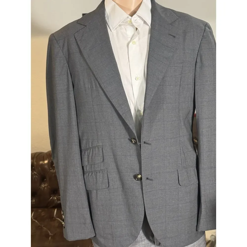 Brunello Cucinelli Charcoal Windowpane Virgin Wool Deconstructed Blazer 50 40R
